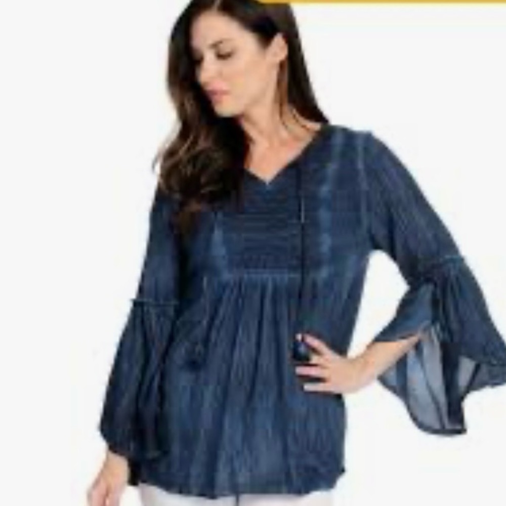 ONE WORLD Indigo Blue Gauzy Peasant Blouse with Crochet Yoke